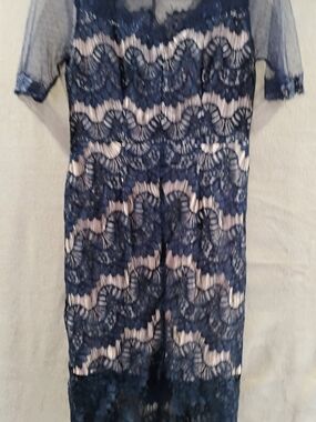 Soieblu Navy Lace Overlay Midi Dress with Nude Slip